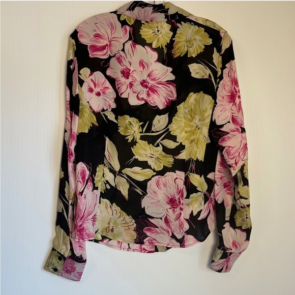 Linda Allard Ellen Tracy 100% Silk Blouse Black Bright Floral Size 10 MSRP$220 - Picture 2 of 3